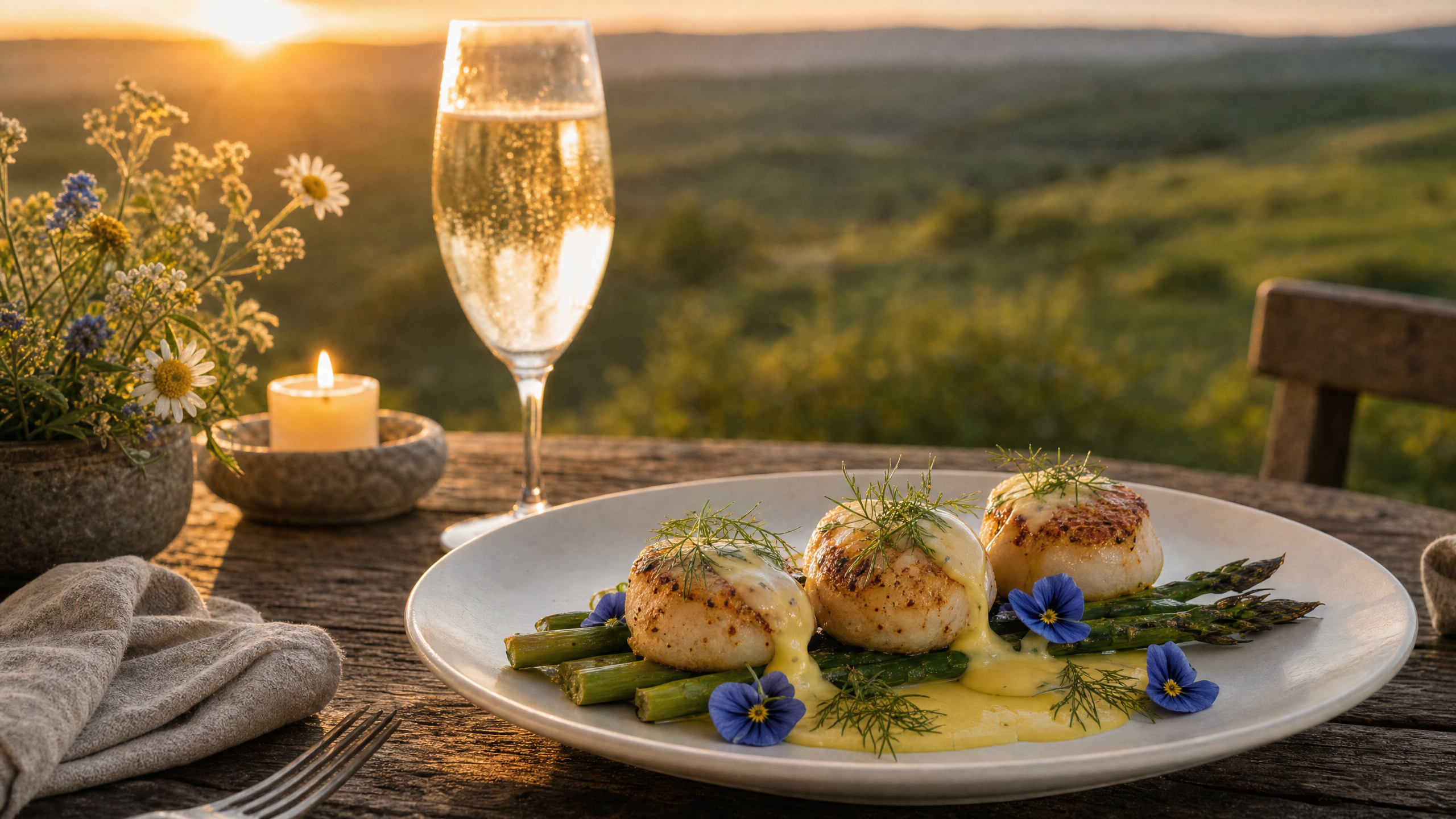 Scallops and asparagus cooked over fire