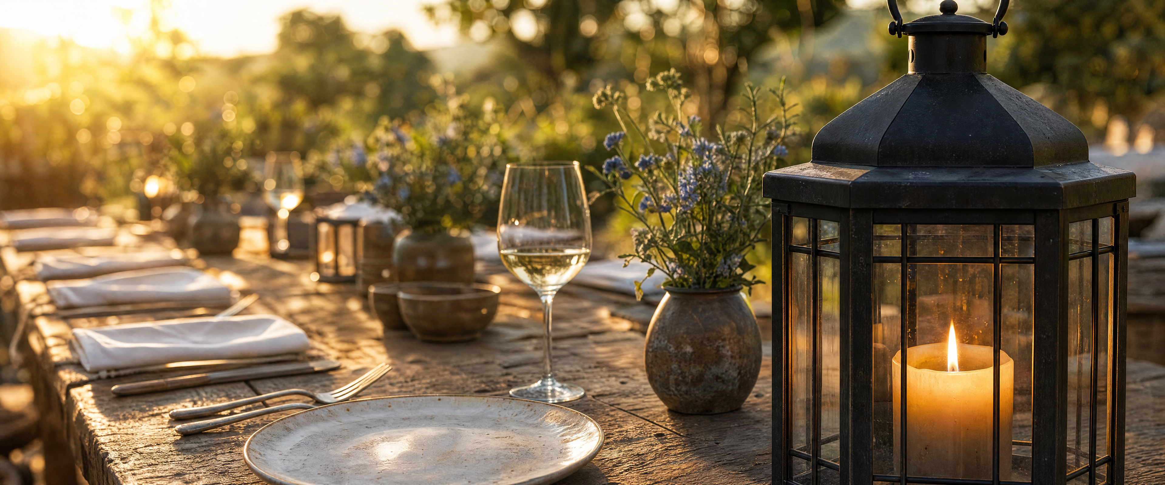 Lantern-lit dinner table outdoors