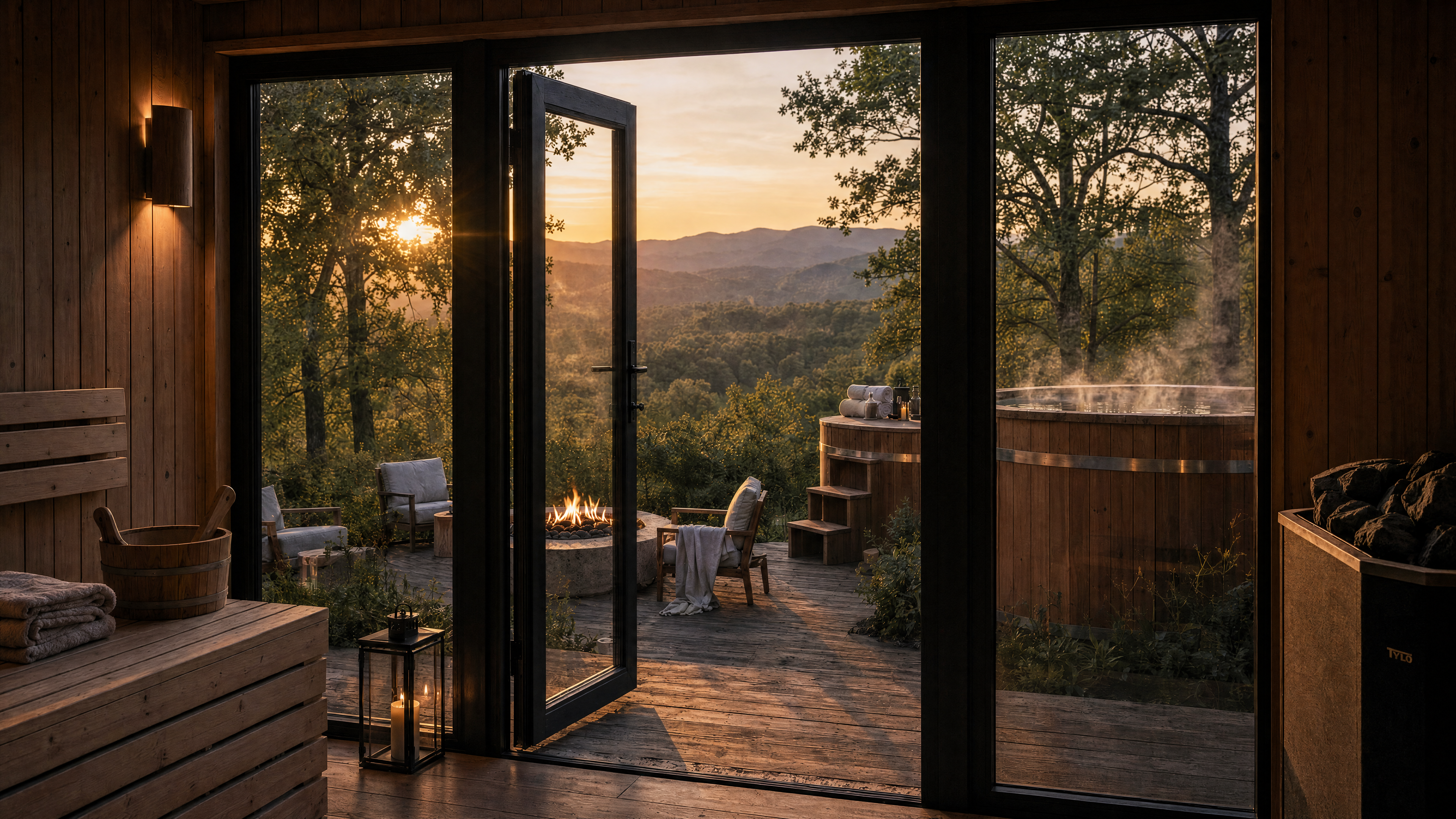 Sauna door opening to the forest