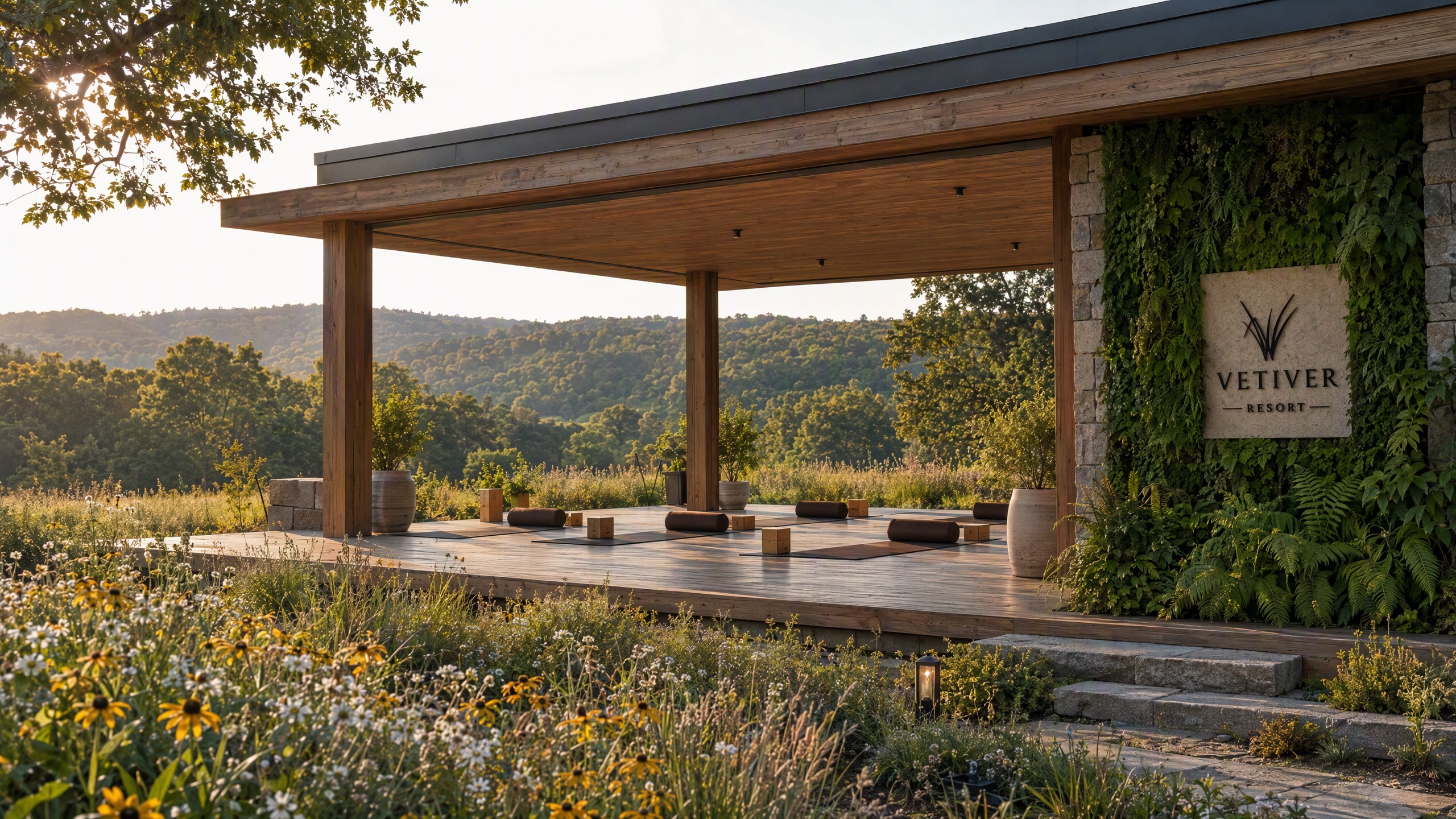 Open-air pavilion with yoga mats above the hills