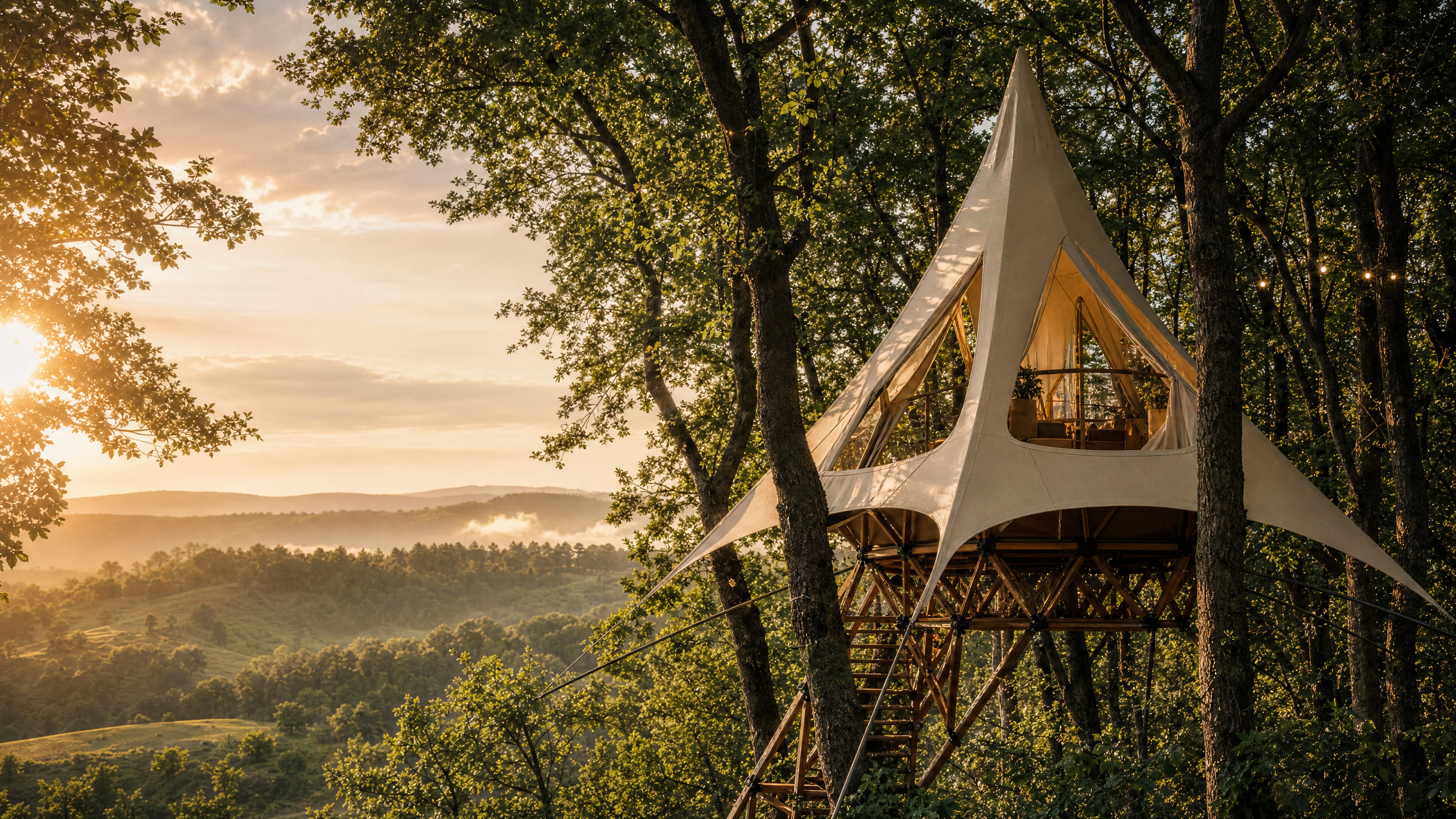 Treehouse at sunset in the Georgia hills