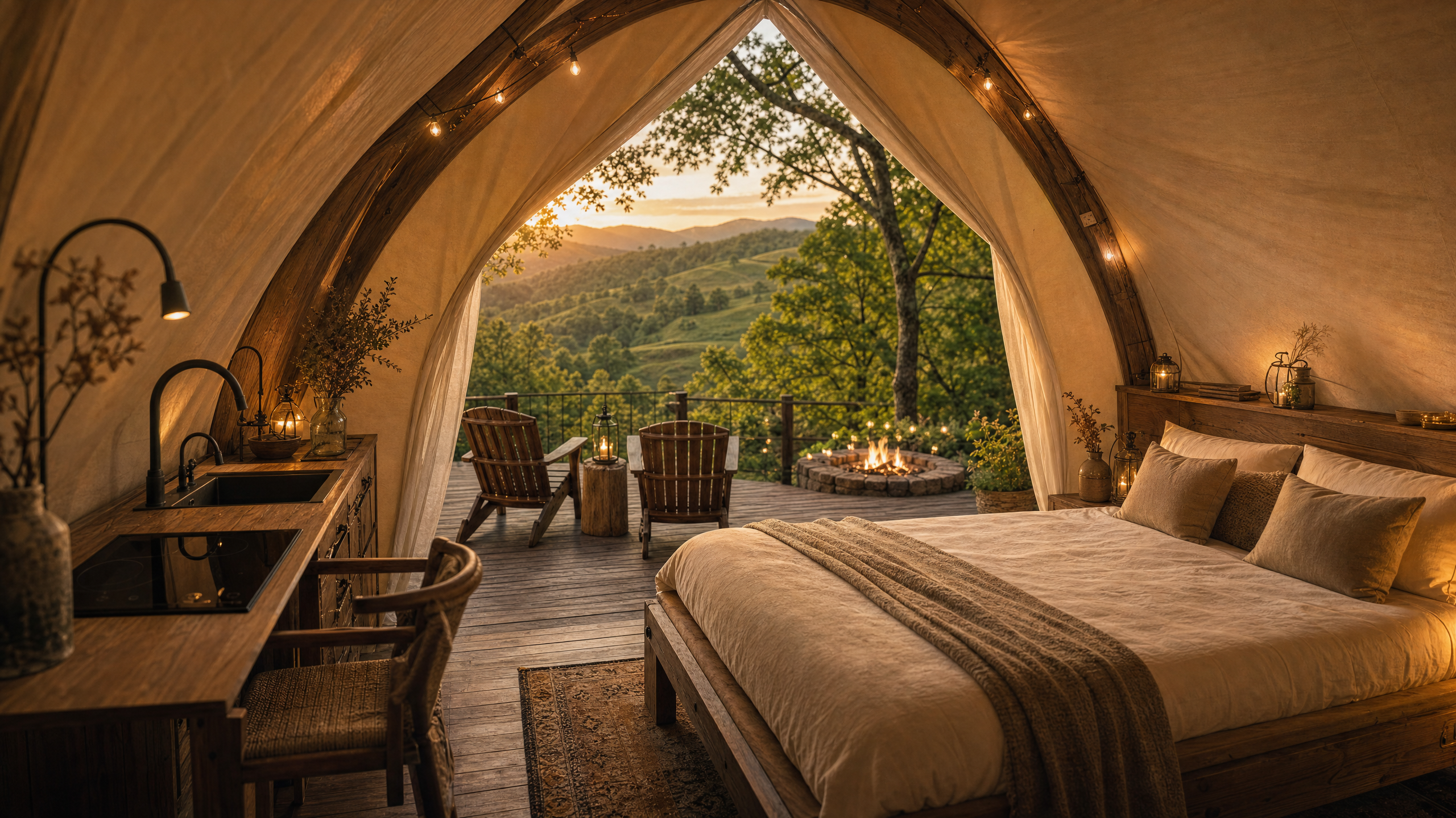 View from inside an open-air villa to the forest