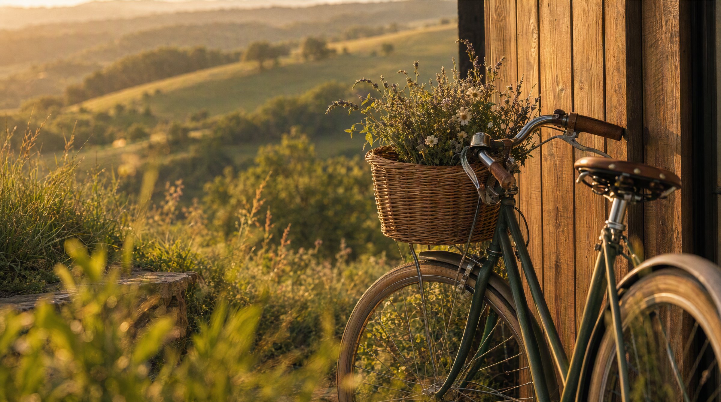 Bicycle resting against a home in the trees